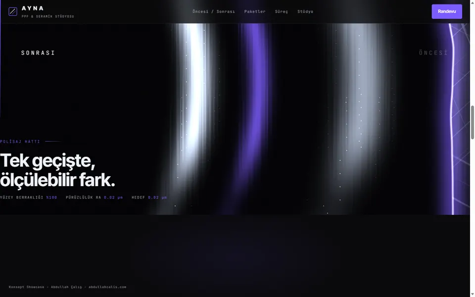AYNA konsept sitesi: WebGL boya yüzeyinde stüdyo ışığı süpürmesi