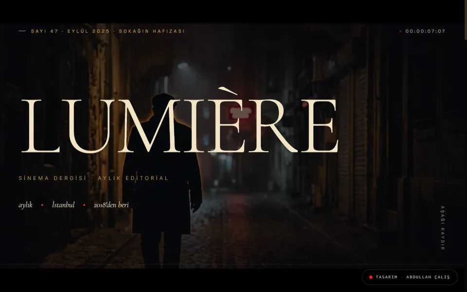 LUMIÈRE konsept sitesi: sinema dergisi editöryel hero sahnesi