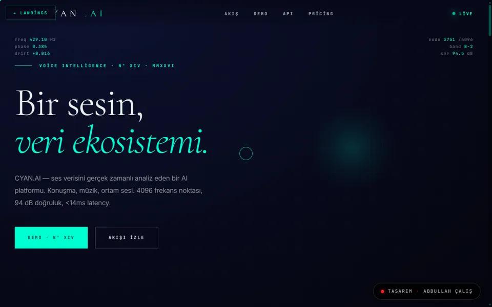 CYAN.AI konsept sitesi: ses zekası platformu hero sahnesi