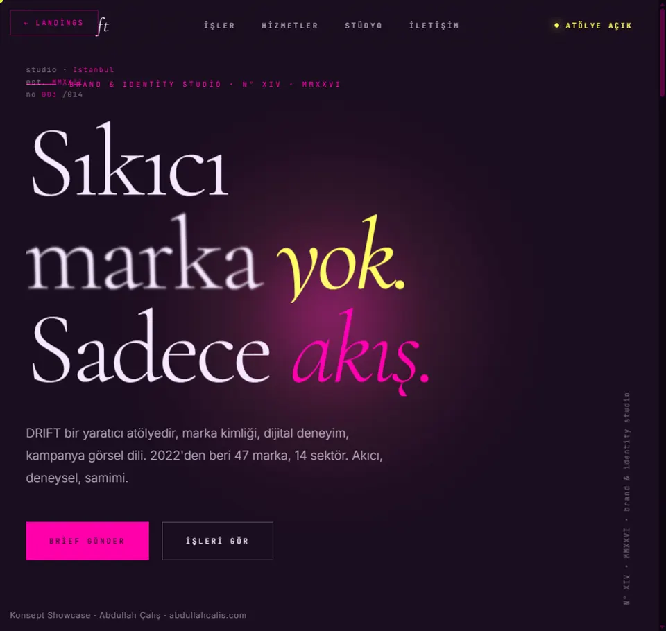 DRIFT konsept sitesi: editoryal tipografi ve akış teması