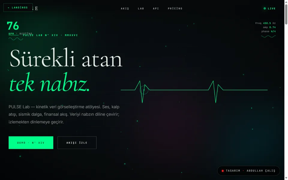 PULSE Lab konsept sitesi: AI laboratuvarı nabız EKG hero sahnesi